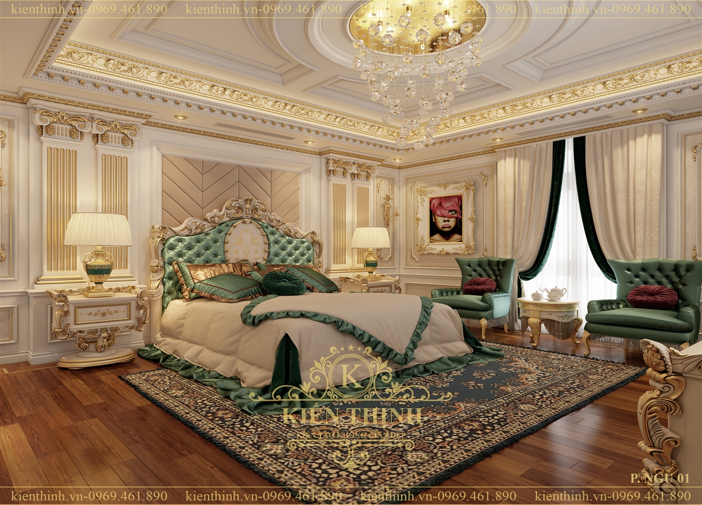 Phối cảnh 3D nội thất phòng ngủ Master biệt thự tân cổ điển đẹp