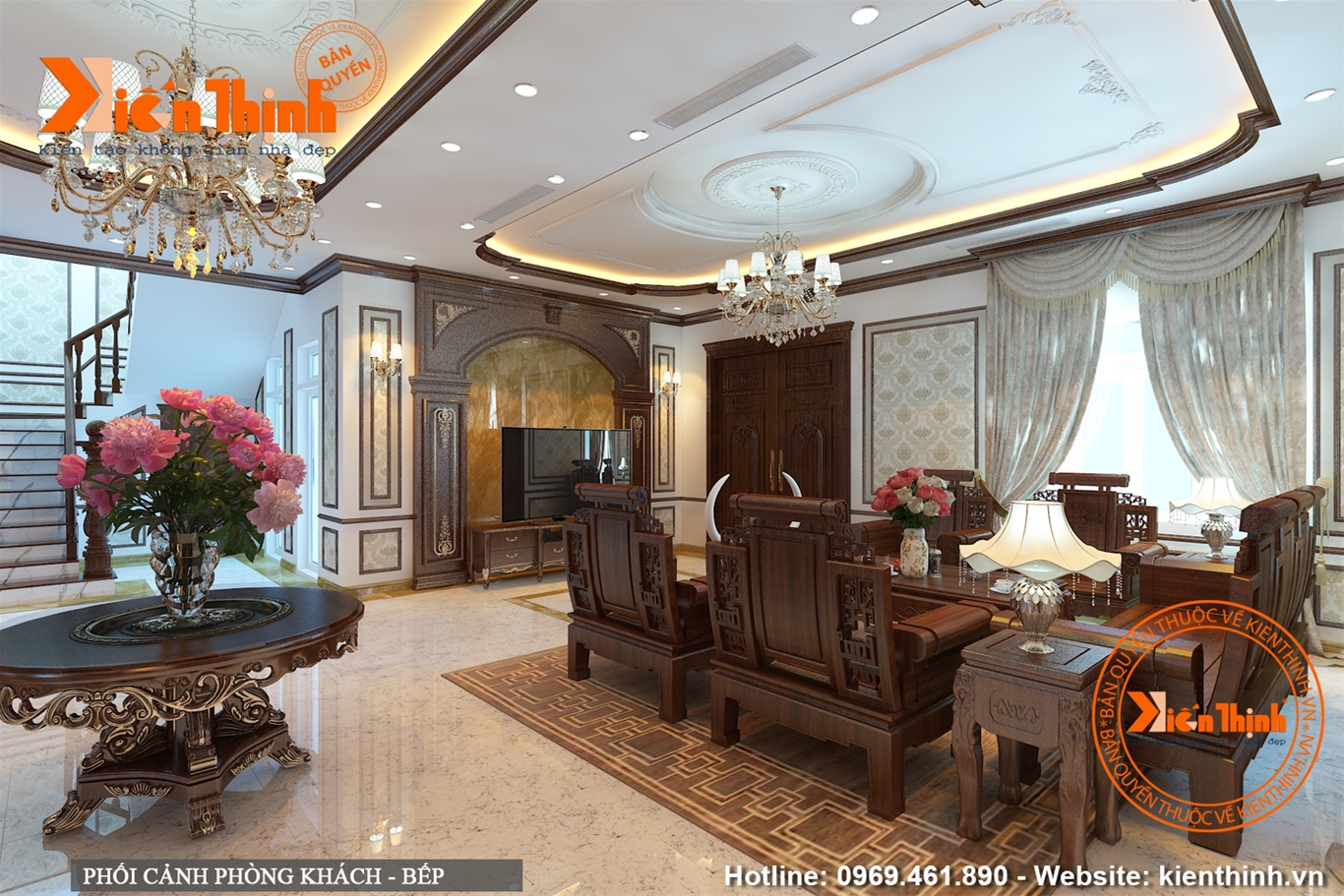Thiết kế nội thất phòng khách bằng gỗ tự nhiên phong cách tân cổ điển đẹp