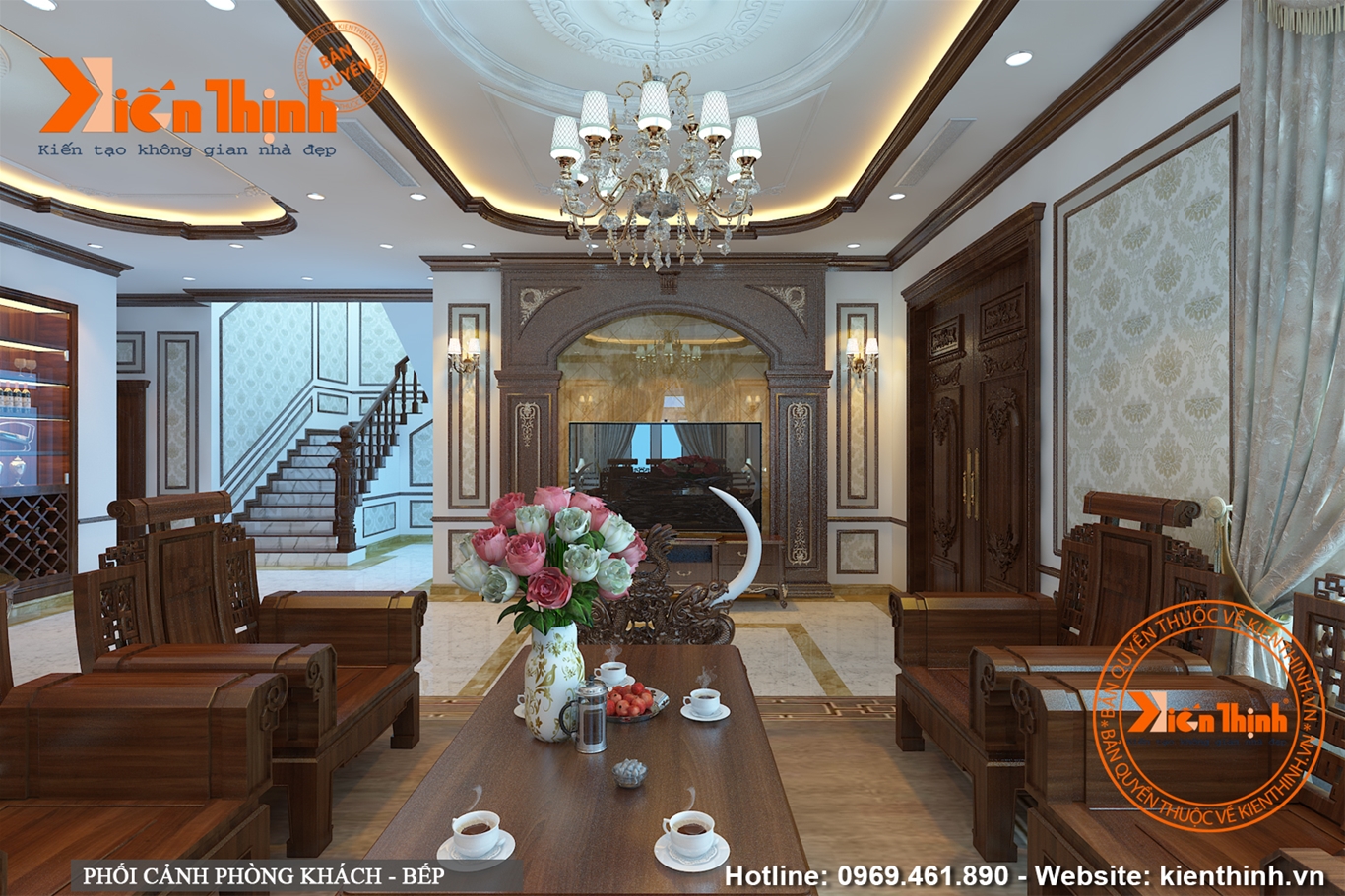 Thiết kế nội thất phòng khách bằng gỗ tự nhiên phong cách tân cổ điển đẹp 04