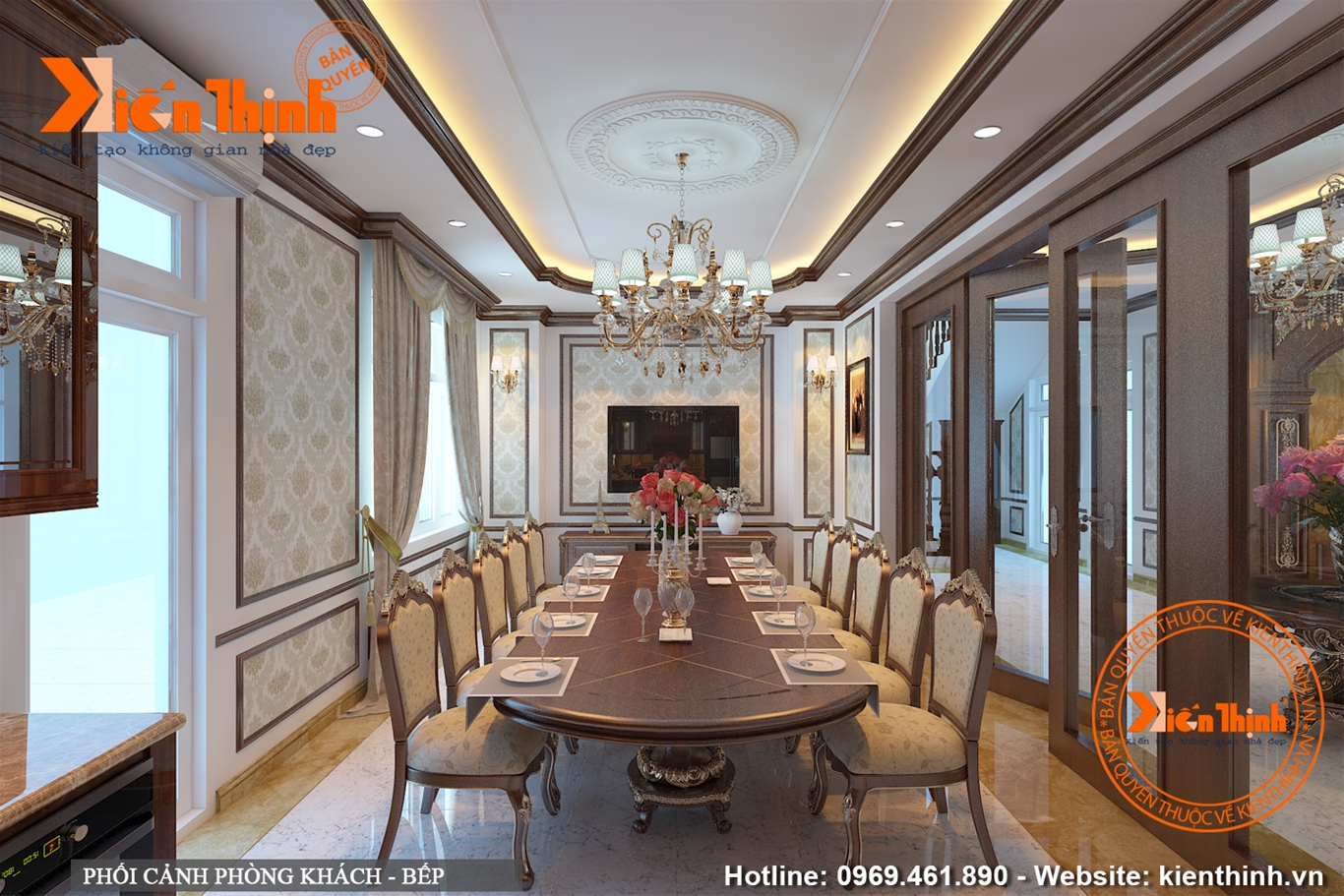 Thiết kế nội thất phòng ăn bằng gỗ tự nhiên phong cách tân cổ điển đẹp 08