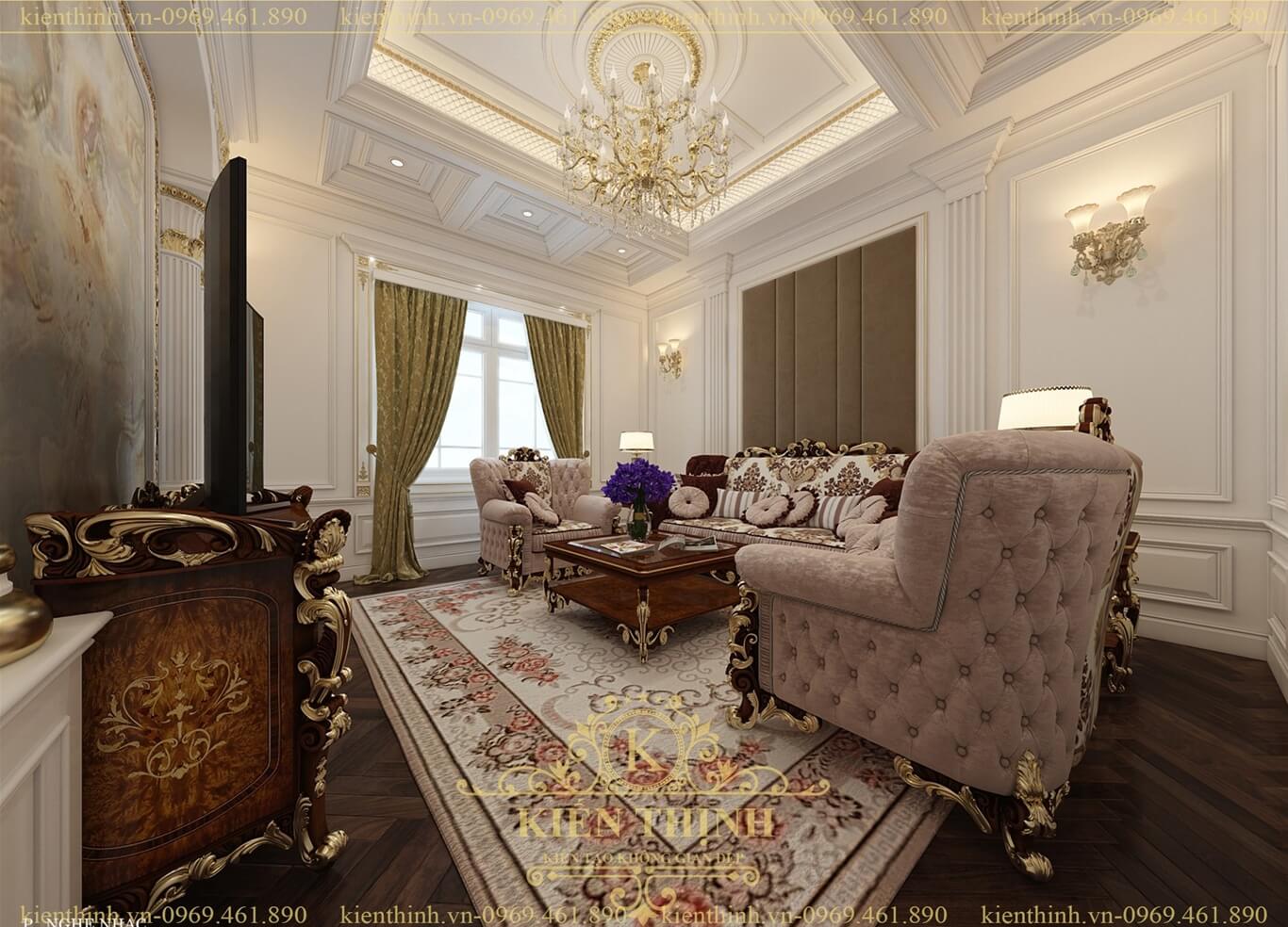 thiết kế nội thất phòng khách biệt thự tân cổ điển châu Âu đẹp và sang trọng