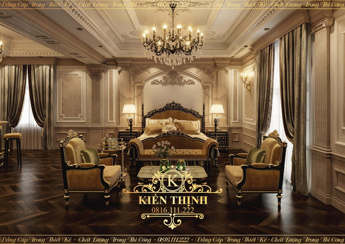 Mẫu thiết kế nội thất phòng ngủ biệt thự tân cổ điển hoàng gia đẹp lộng lẫy ở TP Huế 