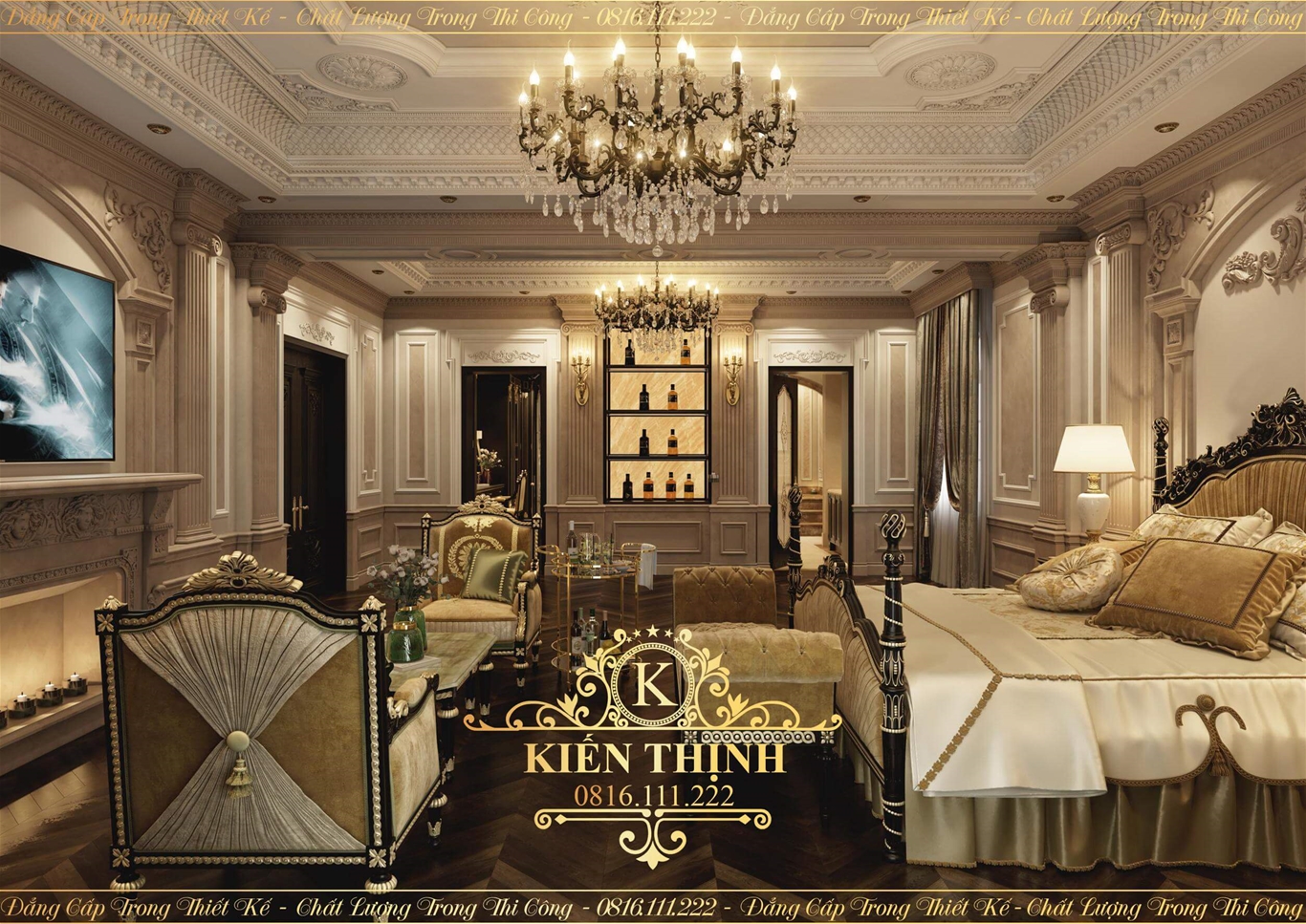 Mẫu thiết kế nội thất phòng ngủ biệt thự tân cổ điển hoàng gia đẹp lộng lẫy ở TP Huế 