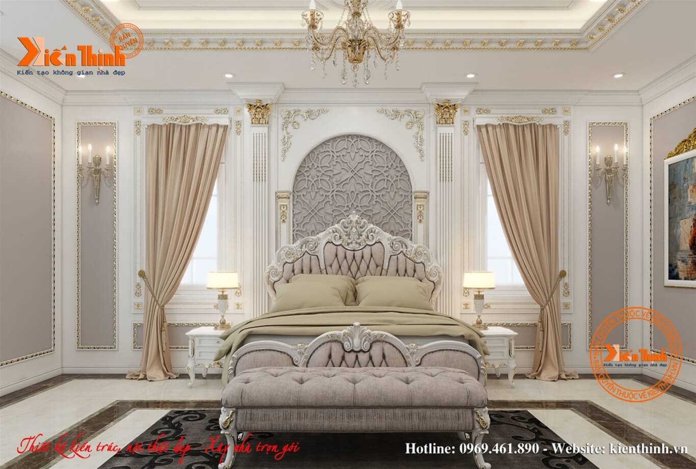Thiết kế nội thất phòng ngủ của biệt thự đẹp phong cách tân cổ điển