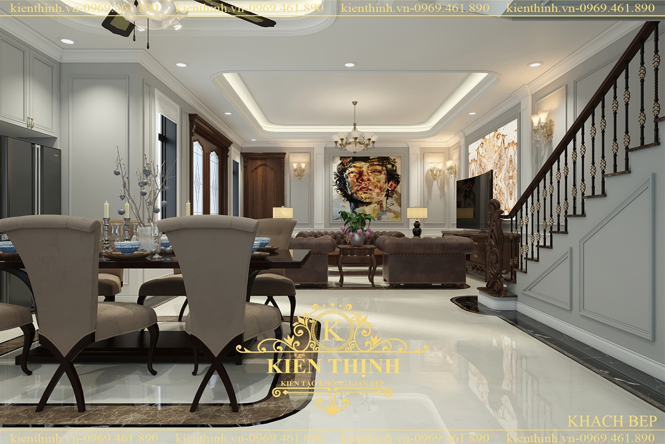 Thiết kế nội thất phòng ăn biệt thự 3 tầng phong cách tân cổ điển châu Âu đẹp