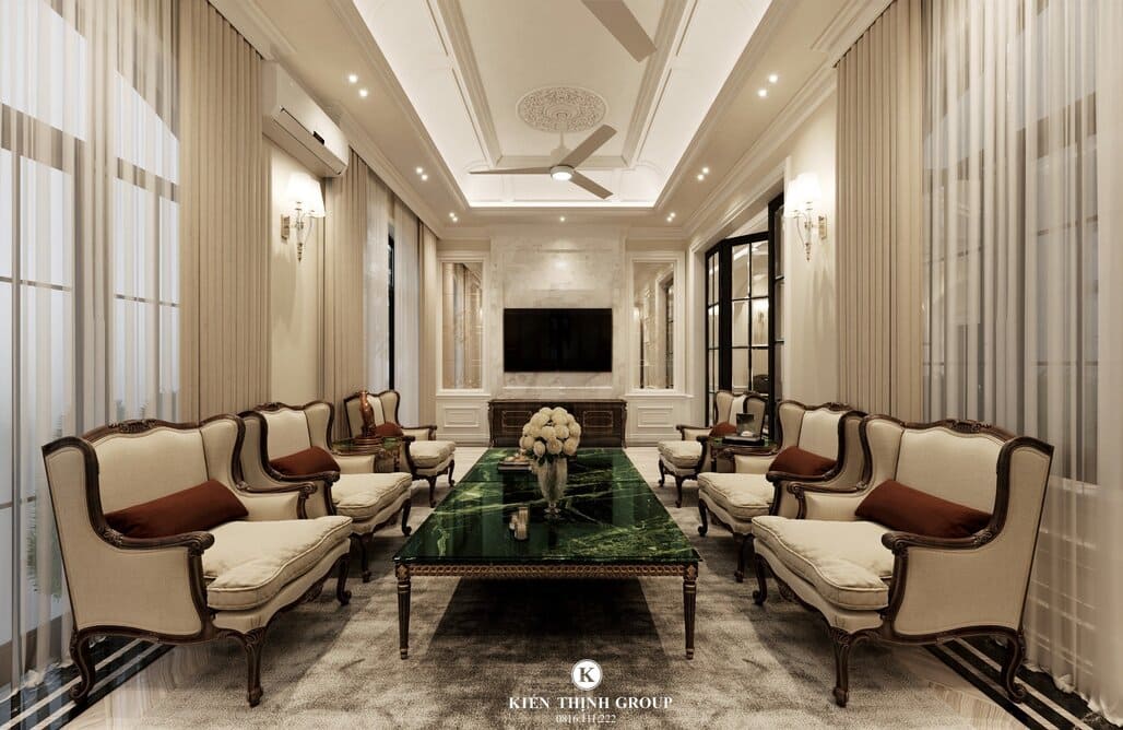 Không gian nội thất phòng khách với gam màu beige thanh lịch, mang cảm giác thư giãn, thoải mái