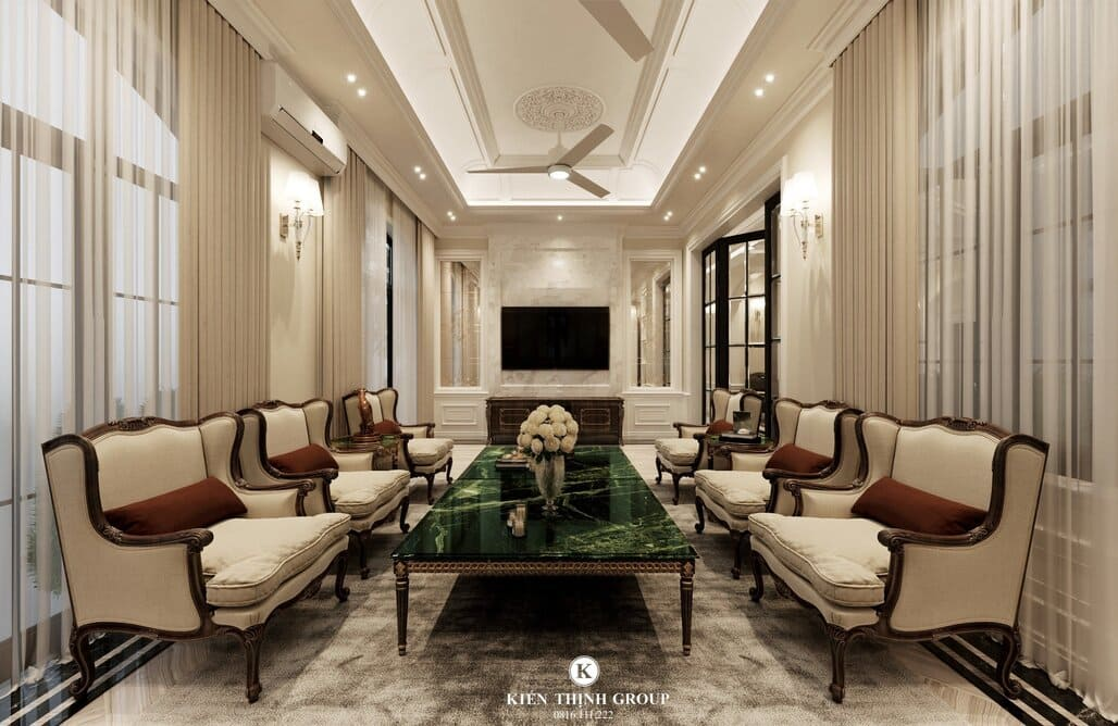 Không gian nội thất tân cổ điển tại Việt Nam chuộng nhẹ nhàng và tinh tế với chi tiết trang trí chủ yếu là phào chỉ đơn giản