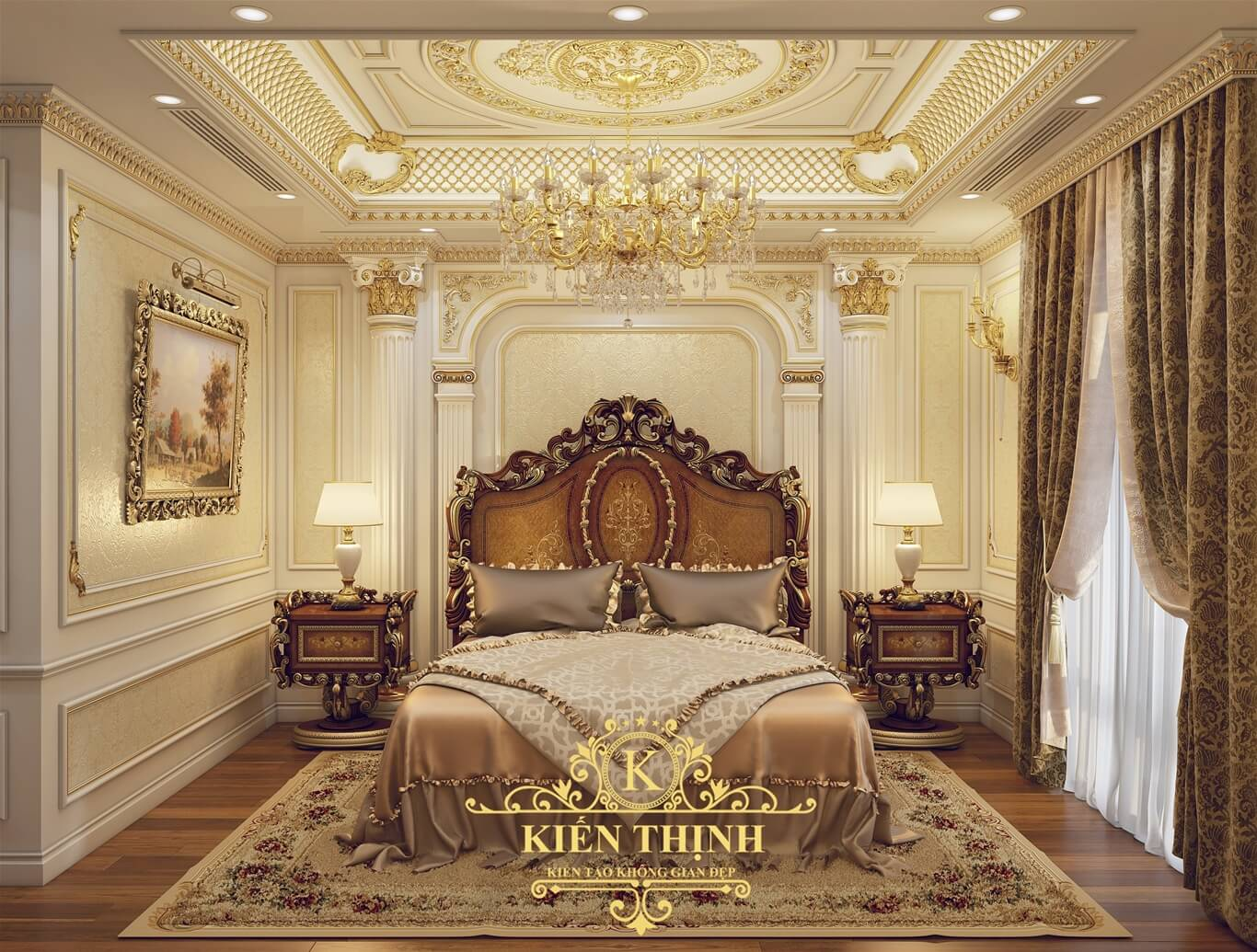 Giường ngủ được chạm trổ tỉ mỉ, cầu kỳ phù hợp với thiết kế tân cổ điển