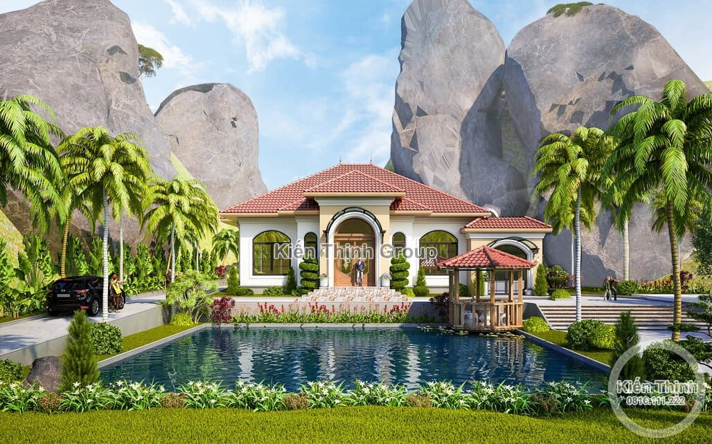 Phối cảnh biệt thự 1 tầng tân cổ điển mái Nhật với phong cách nhẹ nhàng nhưng vẫn rất sang trọng