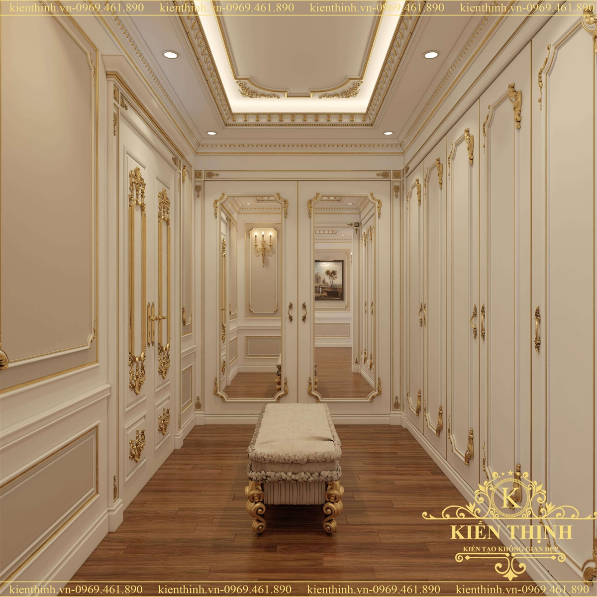 Hệ thống tủ quần áo kịch trần với gương lớn soi toàn thân giúp mang đến sự sang trọng, hài hòa với kiến trúc tổng thể