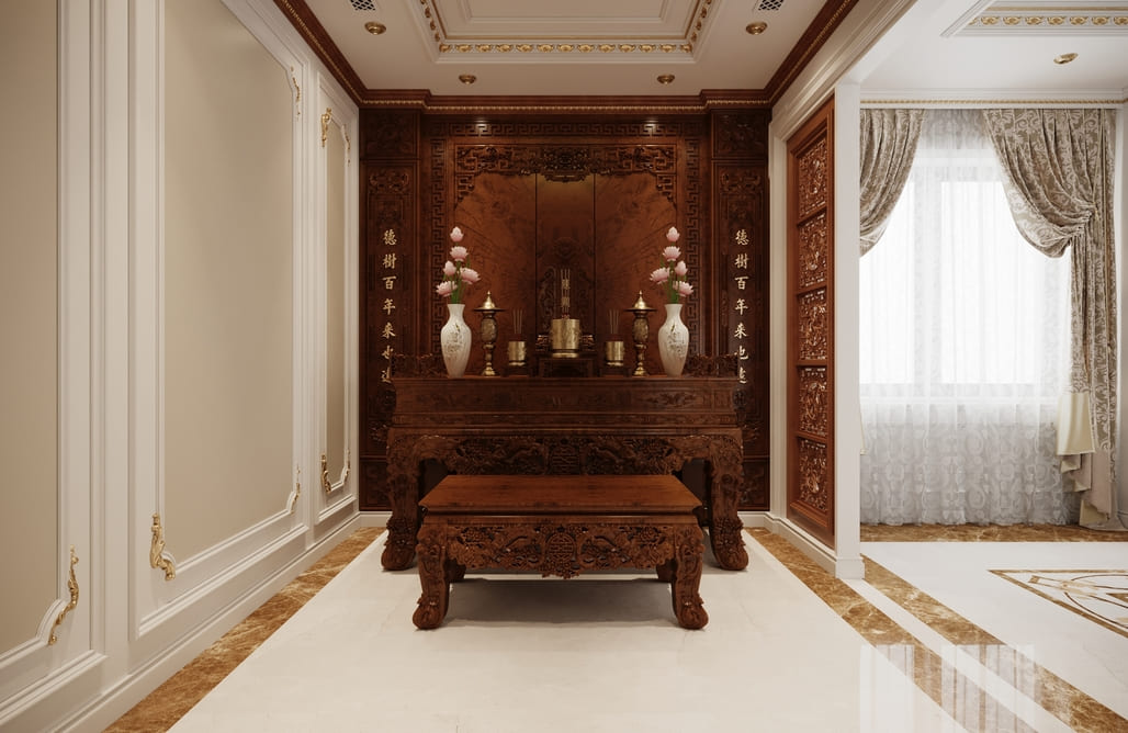 Phòng thờ kết hợp ngay bên cạnh phòng khách thiết kế đậm chất truyền thống với chất liệu gỗ sang quý