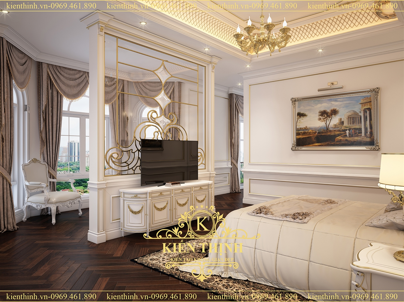Phối cảnh 3D mẫu thiết kế phòng ngủ biệt thự tân cổ điển cao cấp và độc đáo