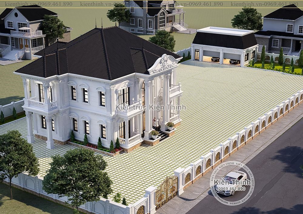 Phối cảnh 3D của biệt thự 2 tầng tân cổ điển mái Nhật góc nhìn từ trên cao xuống