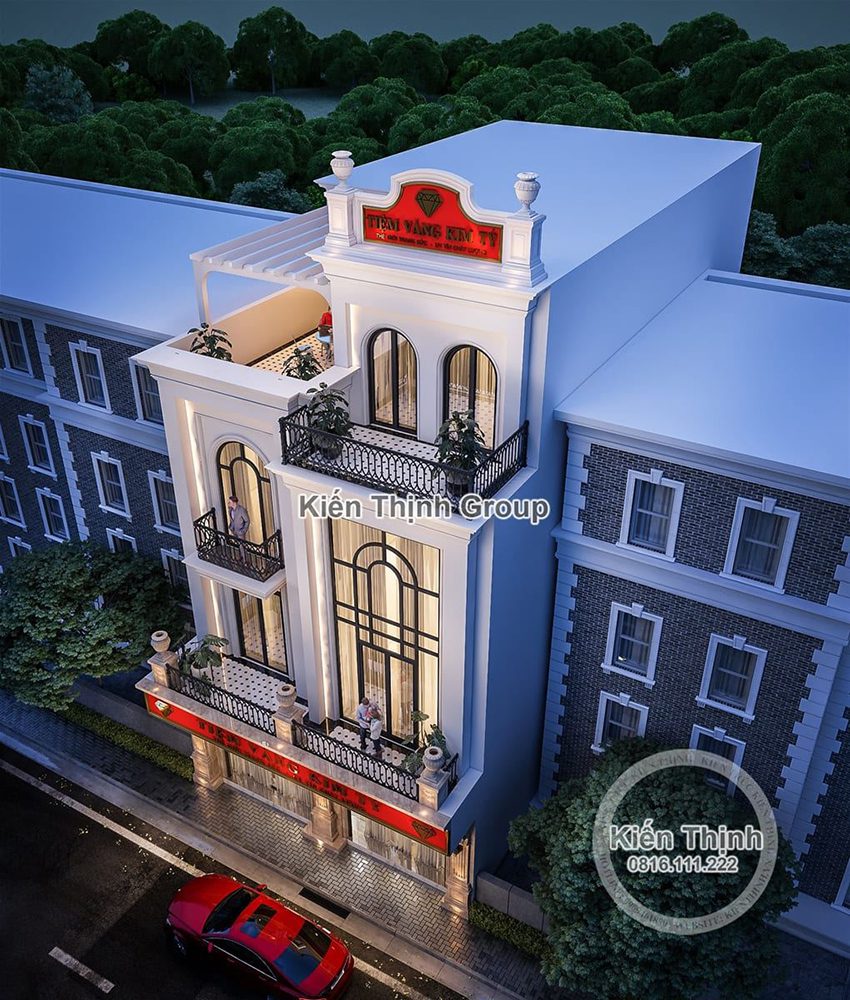 Ví dụ về dạng mái đổ bằng trong một biệt thự tân cổ điển do Kiến Thịnh Group thực hiện.