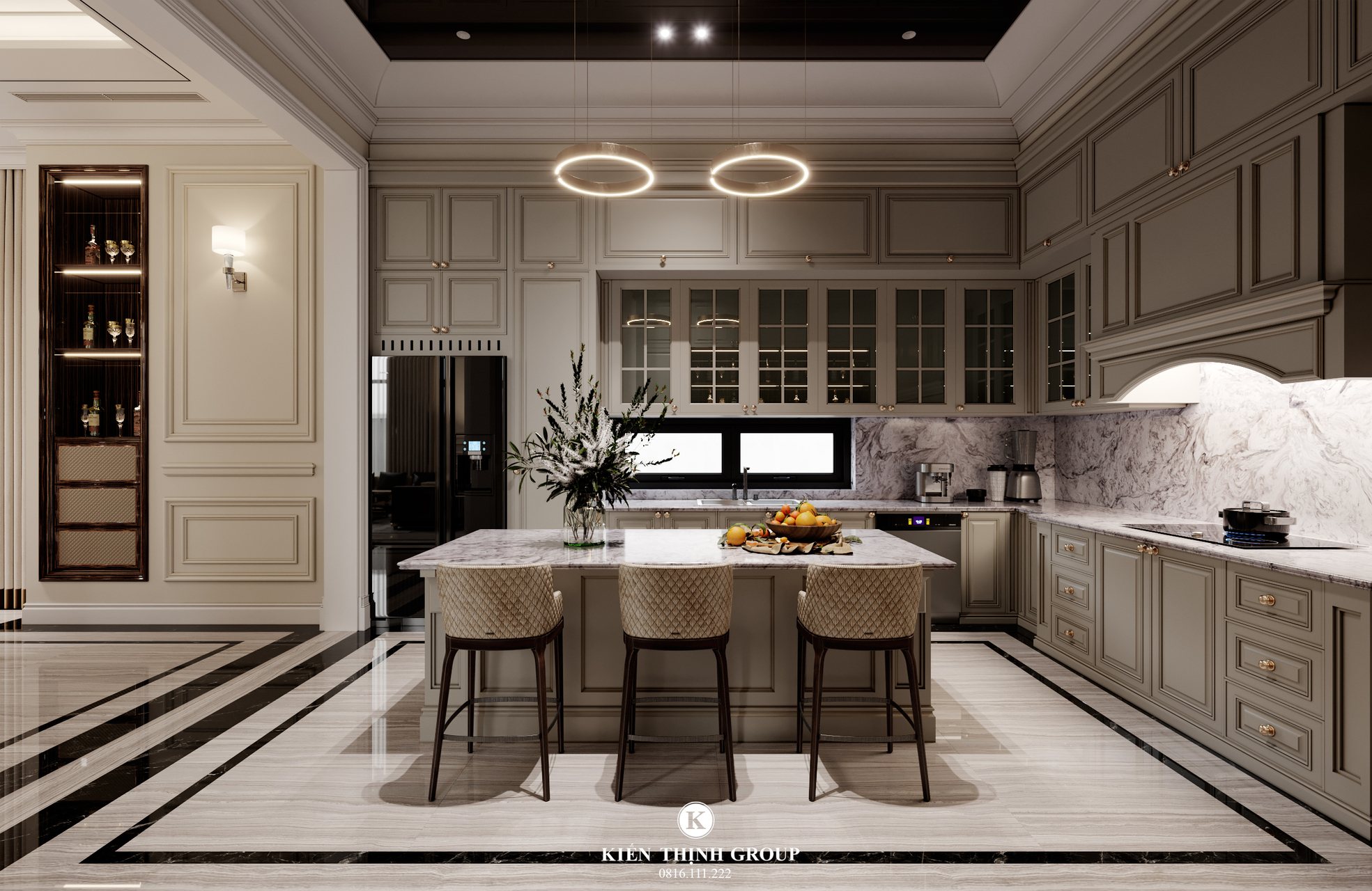 Không gian nội thất phòng bếp sang trọng với tone màu trắng chủ đạo