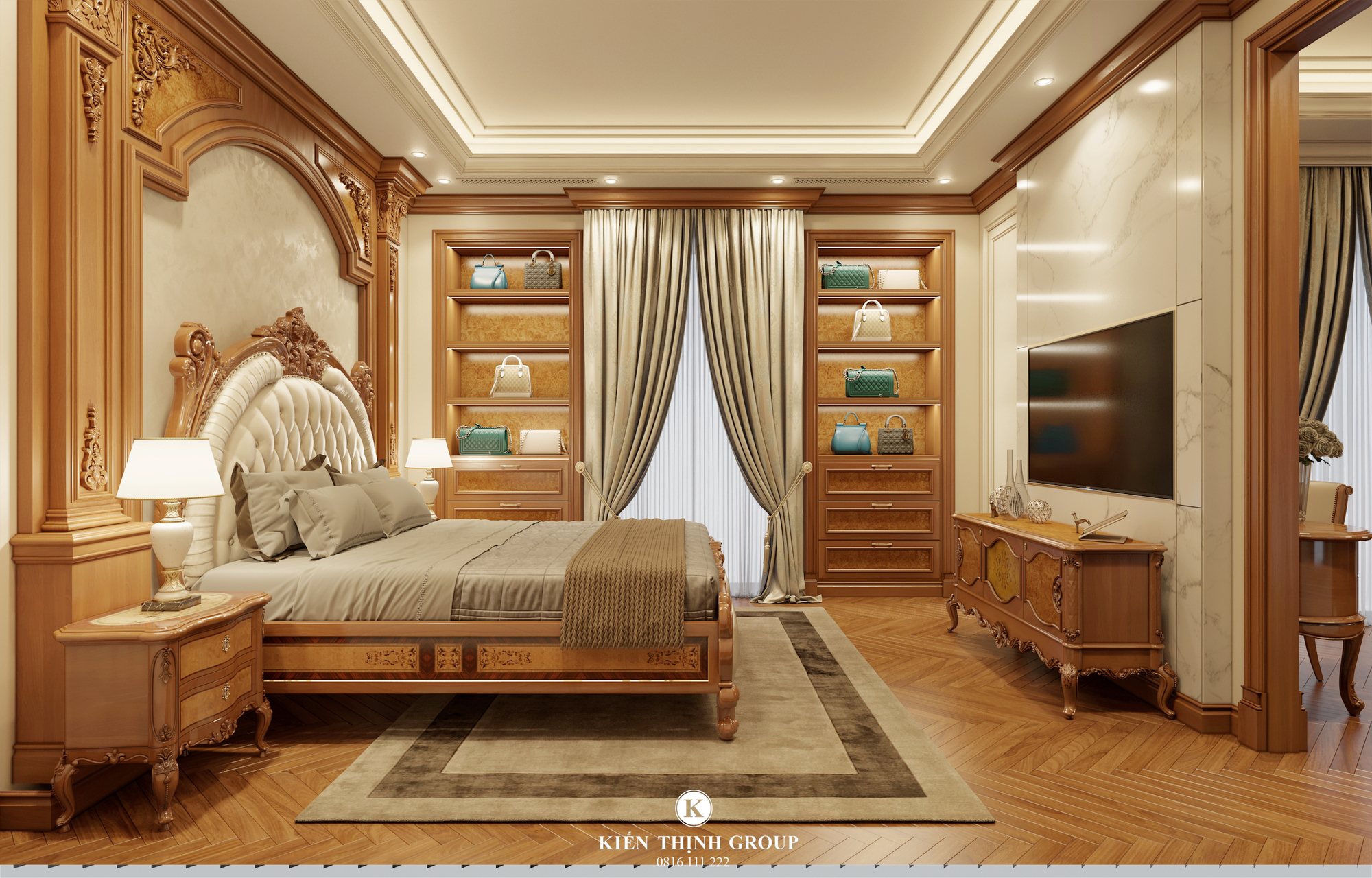 Nội thất gỗ gõ đó mang tới không gian phòng ngủ đẳng cấp thể hiện địa vị của chủ nhà
