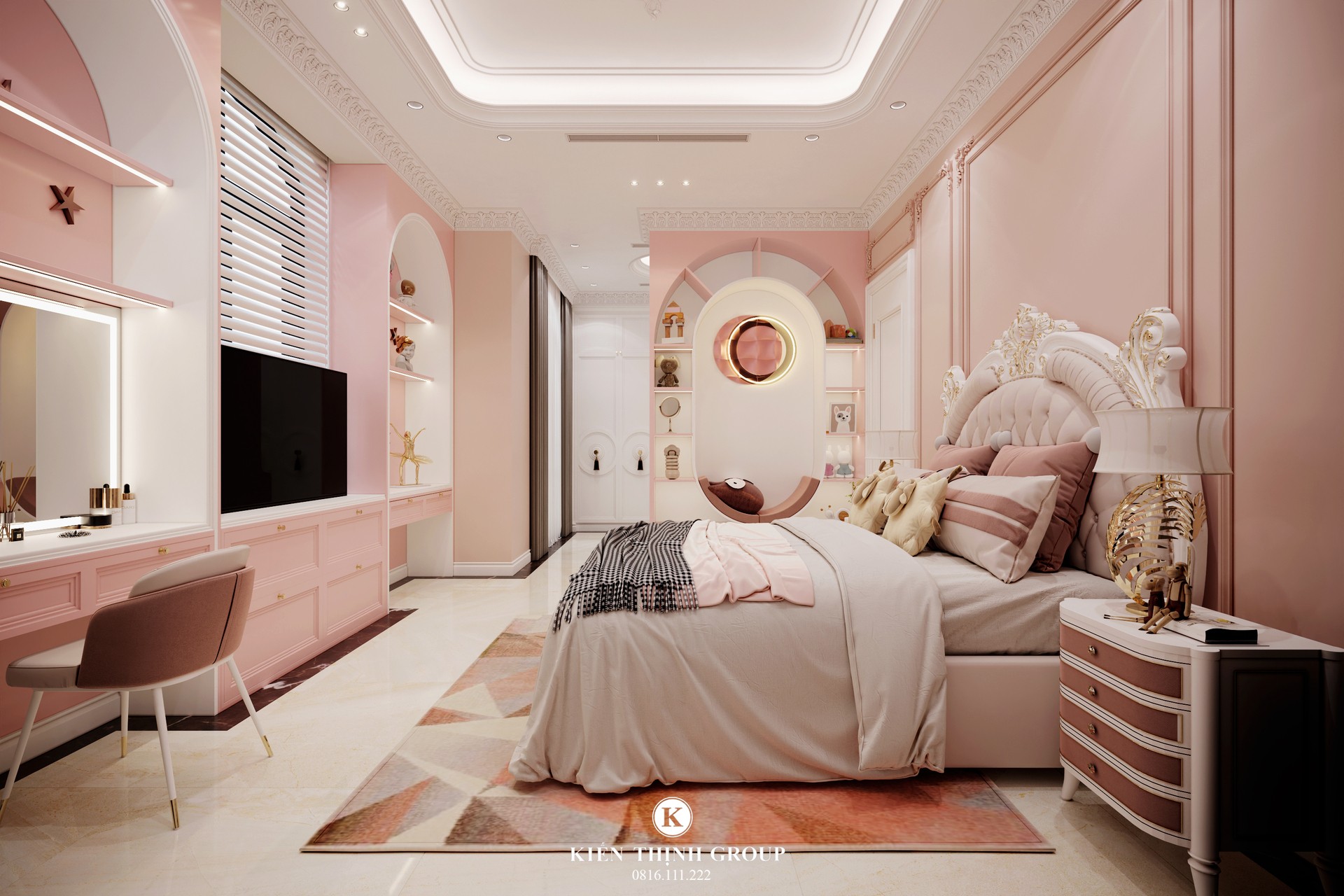 Không gian phòng ngủ với tone hồng pastel đầy ngọt ngào