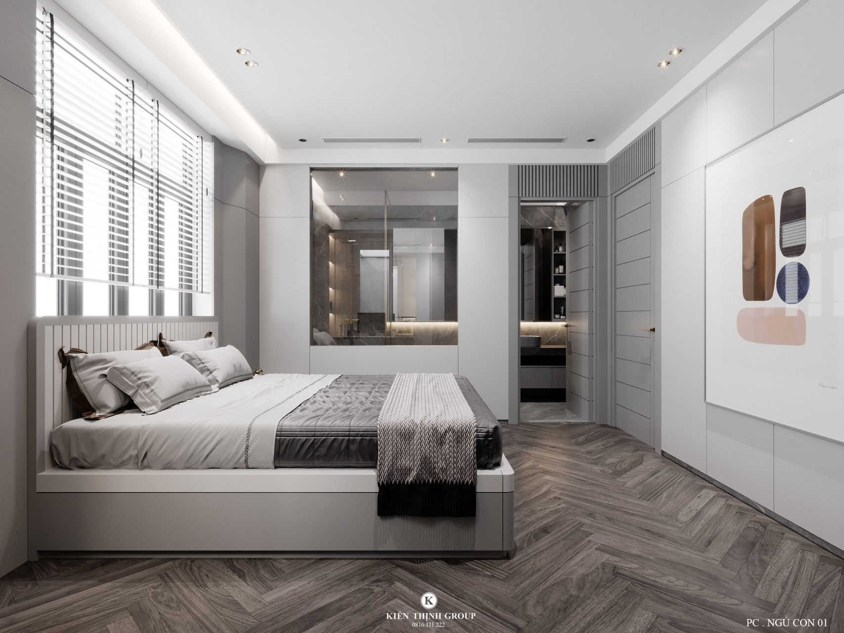 Phòng ngủ nổi bật với tone màu trắng trang nhã