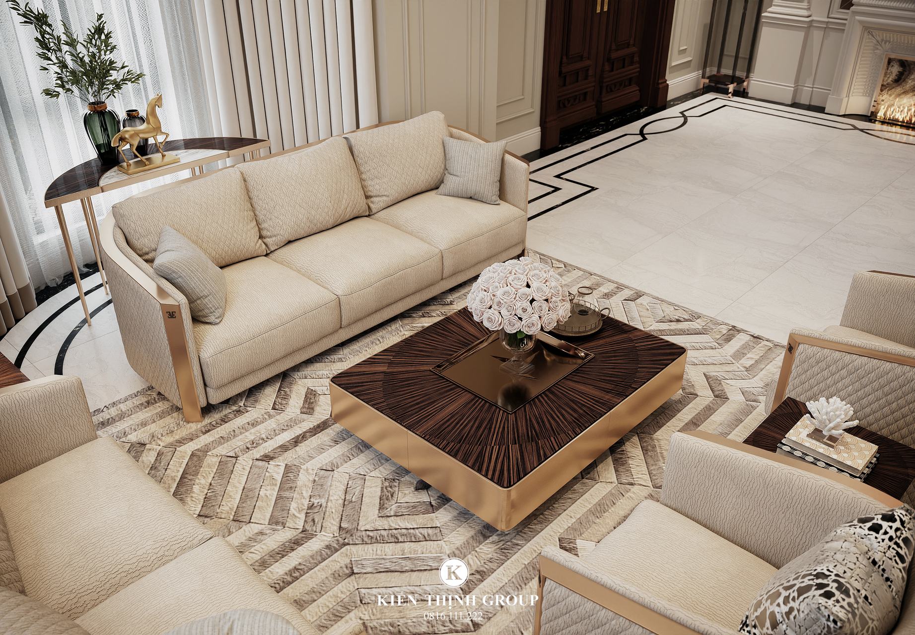 Bộ sofa màu trắng kem với những chi tiết mạ vàng nổi bật