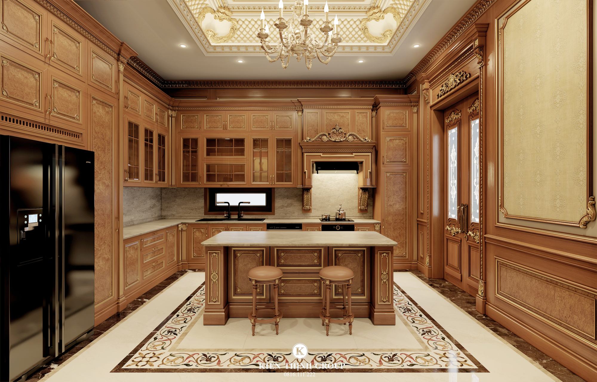 Thiết kế nội thất tân cổ điển gỗ gõ đỏ phòng bếp
