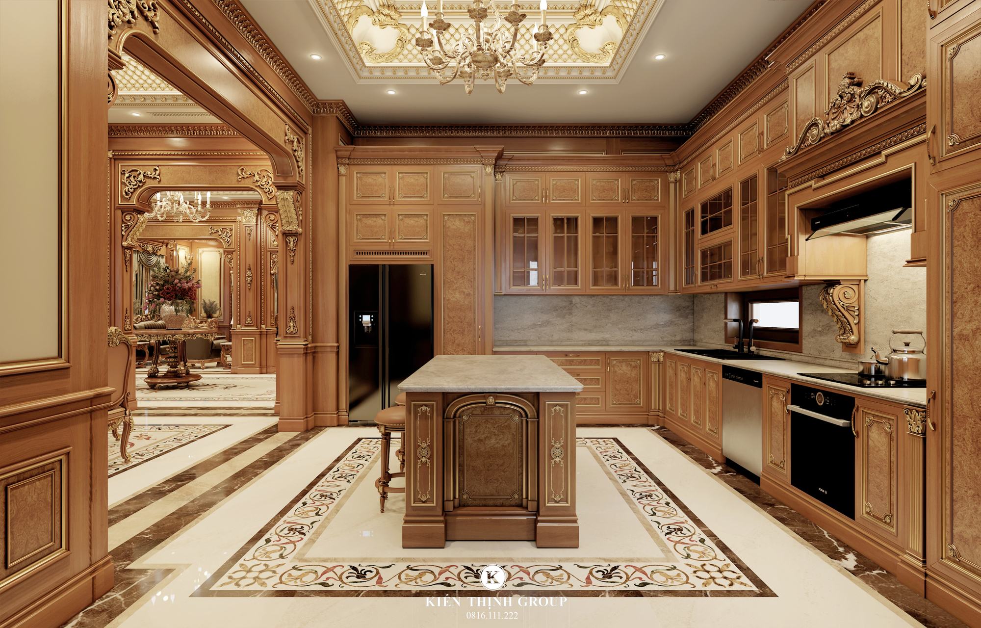 Thiết kế nội thất tân cổ điển gỗ gõ đỏ phòng bếp