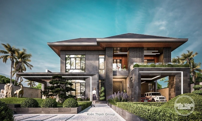 Biệt thự 2 tầng kiểu Nhật sử dụng mái Nhật vững chãi kết hợp hài hòa với những mảng tường màu đen xám tạo cảm giác bề thế