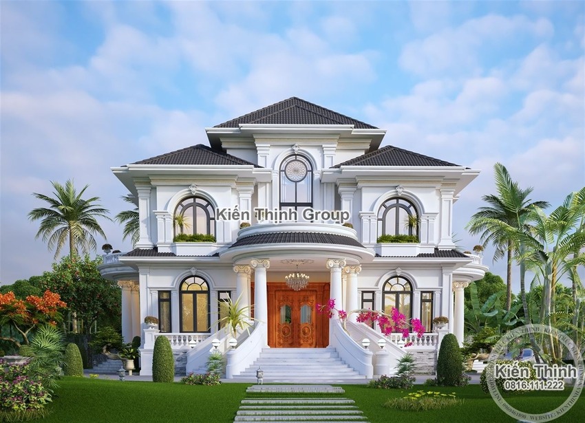 Thiết kế sảnh dạng vòm sử dụng ngói Nhật kết hợp với 4 cột theo thức cột Ionic tạo cảm giác vững chãi bề thế cho mặt tiền.
