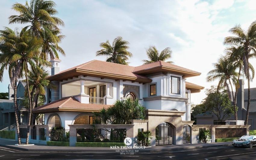 Biệt thự 2 tầng Địa Trung Hải sử dụng mái Nhật có độ dốc thấp nhưng có sự cách tân về màu ngói để phù hợp với đặc trưng của phong cách thiết kế này.