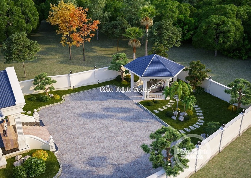 Không gian sân vườn rộng rãi với gara oto tiện nghi, tinh tế