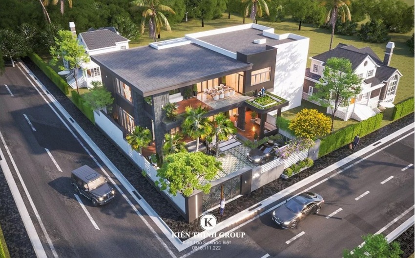 Biệt thự 2 tầng hiện đại mái bằng thể hiện gu thẩm mỹ tươi mới, phóng khoáng của gia chủ với không gian mở đầy độc đáo.
