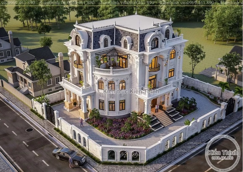 Biệt thự của anh Khôi tại Hà Nội tạo ấn tượng với 2 mặt tiền thoáng rộng và thiết kế vòm cung bo tròn độc đáo, lạ mắt.