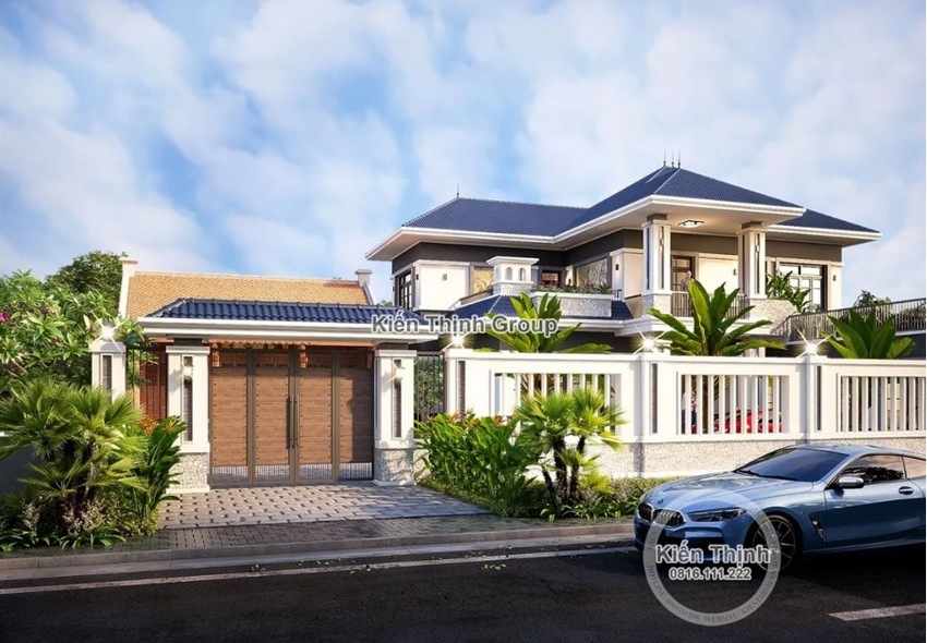 Yếu tố hiện đại và truyền thống được kết nối hài hòa trong tổng thể kiến trúc biệt thự, thể hiện gu thẩm mỹ riêng độc đáo của gia chủ.
