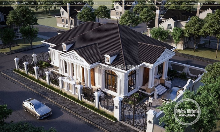 Mẫu biệt thự tân cổ điển 1 tầng với thiết kế đăng đối thể hiện ở hệ thống cột, hệ cửa kết hợp với trán tường có các họa tiết trang trí mềm mại. Tất cả mang tới một vẻ đẹp tinh tế, sang trọng cho biệt thự.