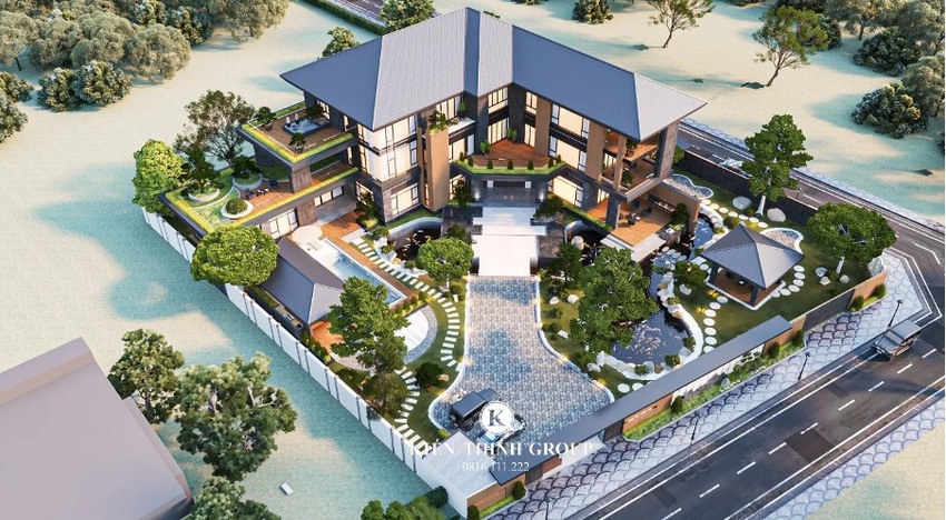 Hệ thống sân vườn thoáng rộng, gần gũi với thiên nhiên là một trong những điểm làm “xiêu lòng” gia chủ khi lựa chọn mẫu thiết kế biệt thự 3 tầng.