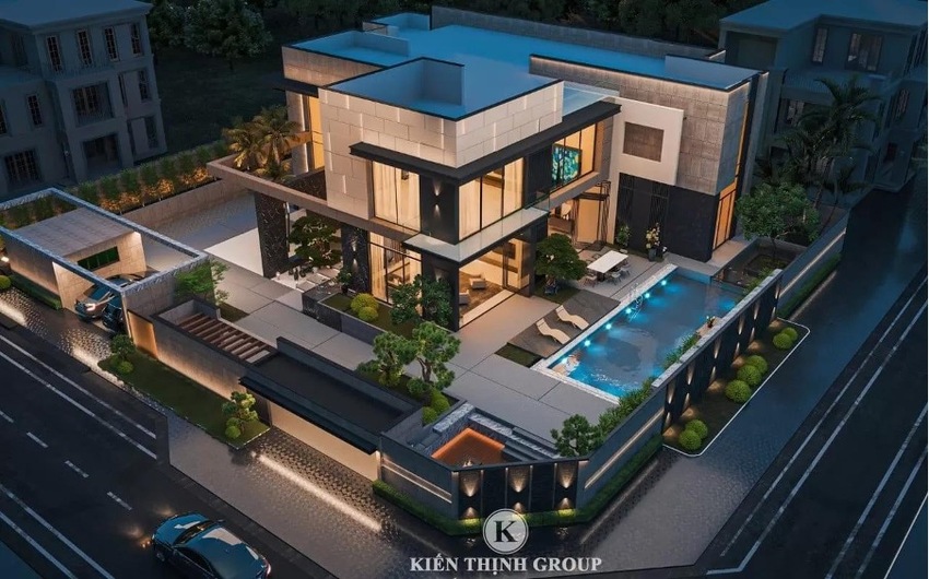 Thiết kế biệt thự sử dụng các đường khối hình học cứng cáp, tạo vẻ đẹp kiên cố, hiện đại, đầy thu hút.