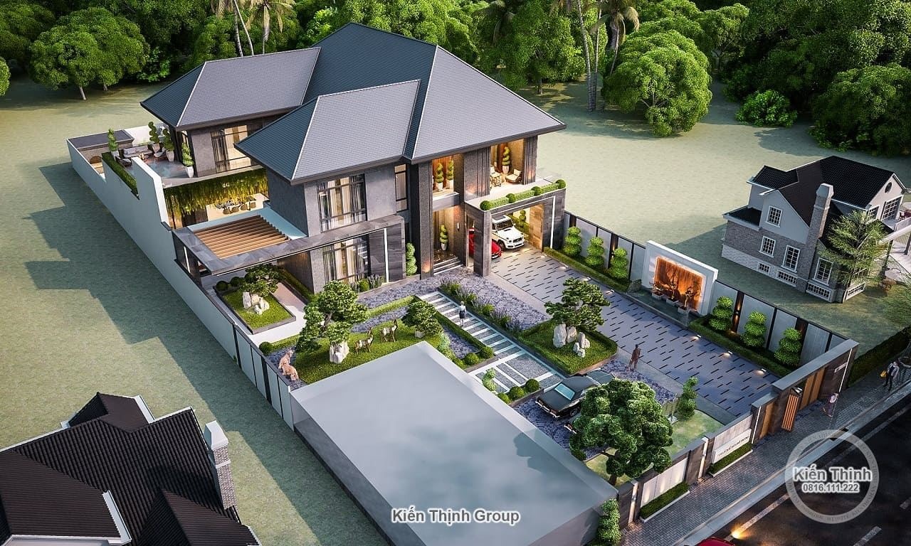 Mẫu biệt thự nhà vườn 2 tầng hiện đại có hệ mái đẹp ấn tượng