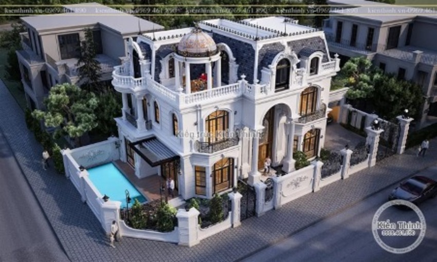 Biệt thự nhà vườn 2 tầng 1 tum tại Hải Dương hiện lên với vẻ đẹp hoành tráng, độ sộ của hệ mái Mansard và hệ thống sân vườn xanh mát