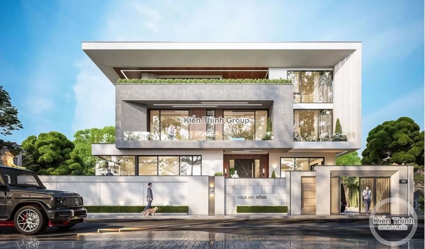 Nhìn từ hướng chính diện, biệt thự của chú Bổng gây ấn tượng từ cái nhìn đầu tiên với những thiết kế kế hình khối lạ mắt, độc đáo.