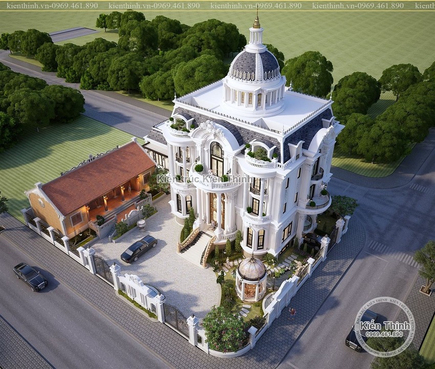 Biệt thự lâu đài 3 tầng nổi bật với cảnh quan khuôn viên rộng rãi, đa năng được bố trí hài hòa tạo tổng thể sang trọng, uy nghiêm.