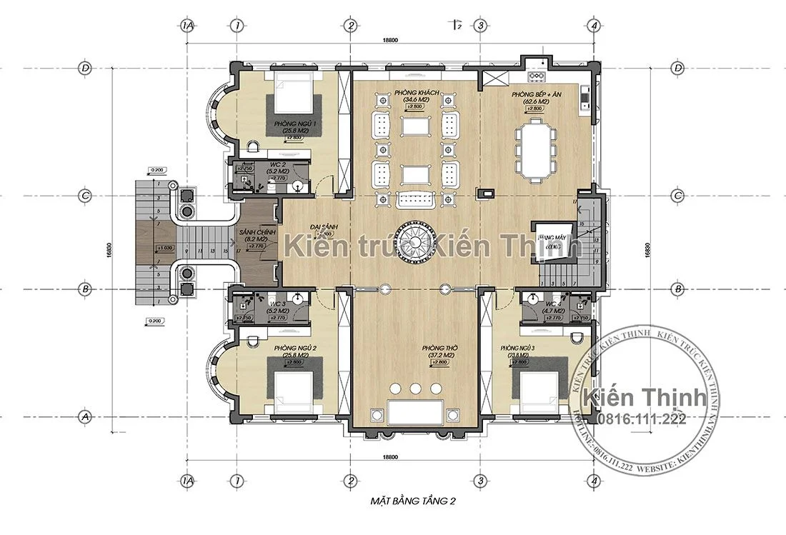 Tầng 2: Được thiết kế gồm phòng khách và phòng bếp, thang máy. Không gian tầng 2 được bố trí 3 phòng ngủ VIP. Mỗi phòng đều được thiết kế rộng rãi, có nhà vệ sinh, nhà tắm riêng. Ở tầng 2 này cũng được bố trí phòng thờ cổ kính.