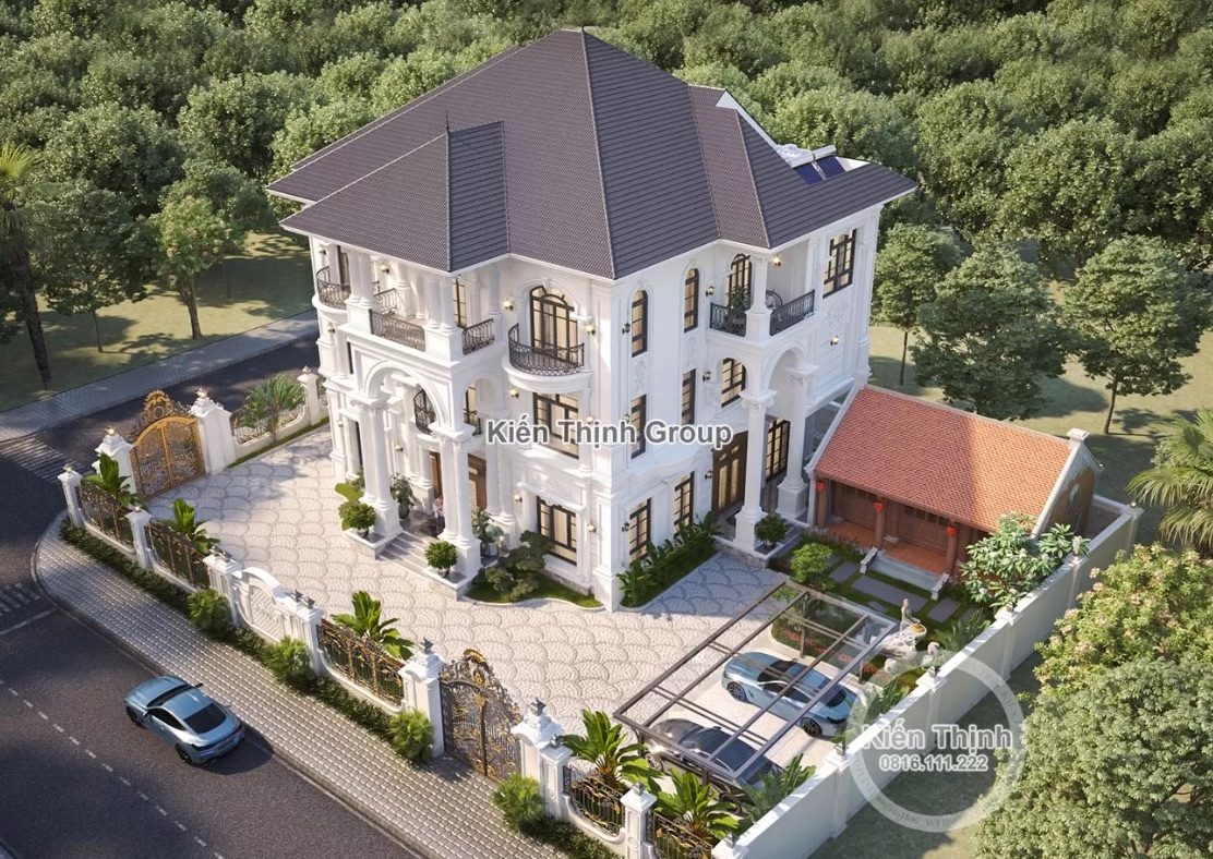 Nhìn bao quát từ trên cao, biệt thự 3 tầng phong cách tân cổ điển hiện lên với vẻ đẹp trang nhã, tinh tế, một sự kết hợp Á - Âu sáng tạo, duyên dáng