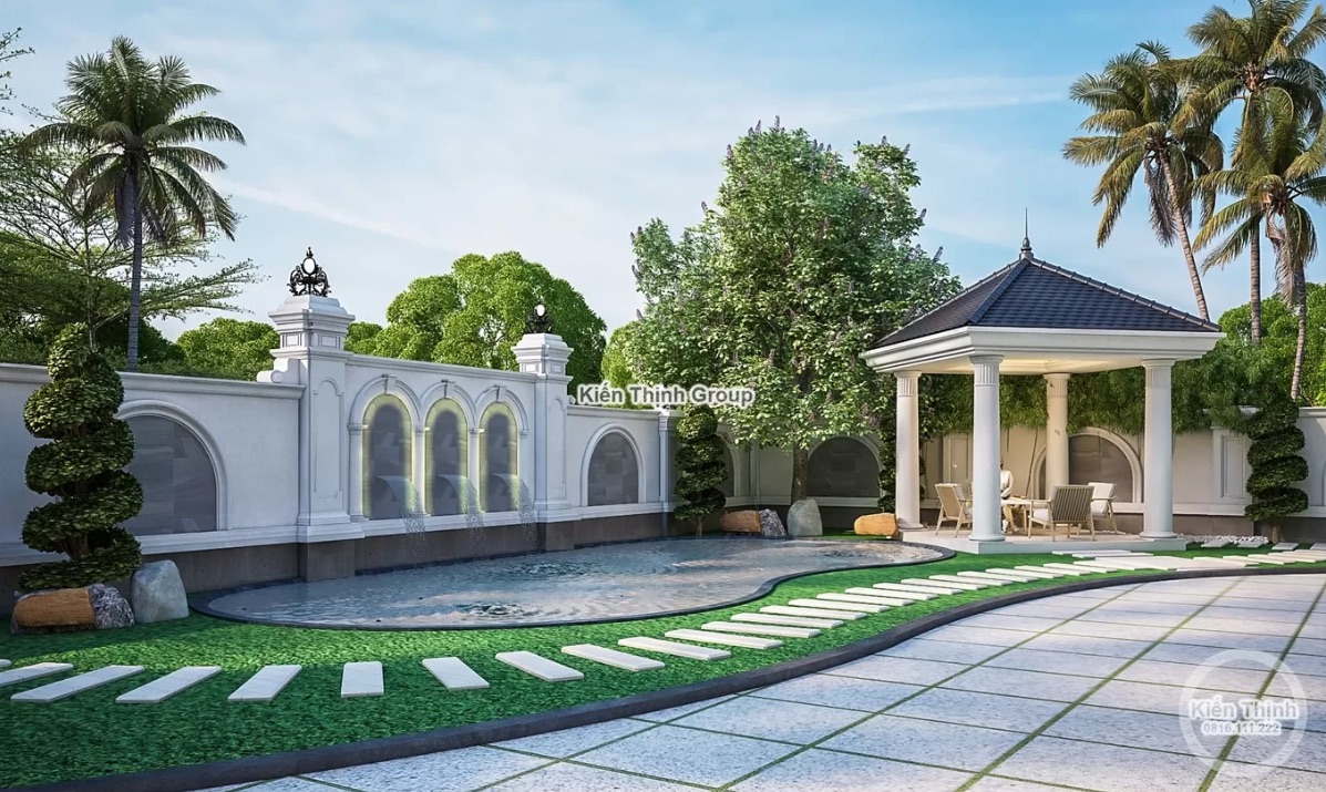 Tiểu cảnh sân vườn thơ mộng, hài hòa về tính thẩm mỹ cao và yếu tố phong thủy của căn biệt thự 3 tầng tại Bắc Ninh