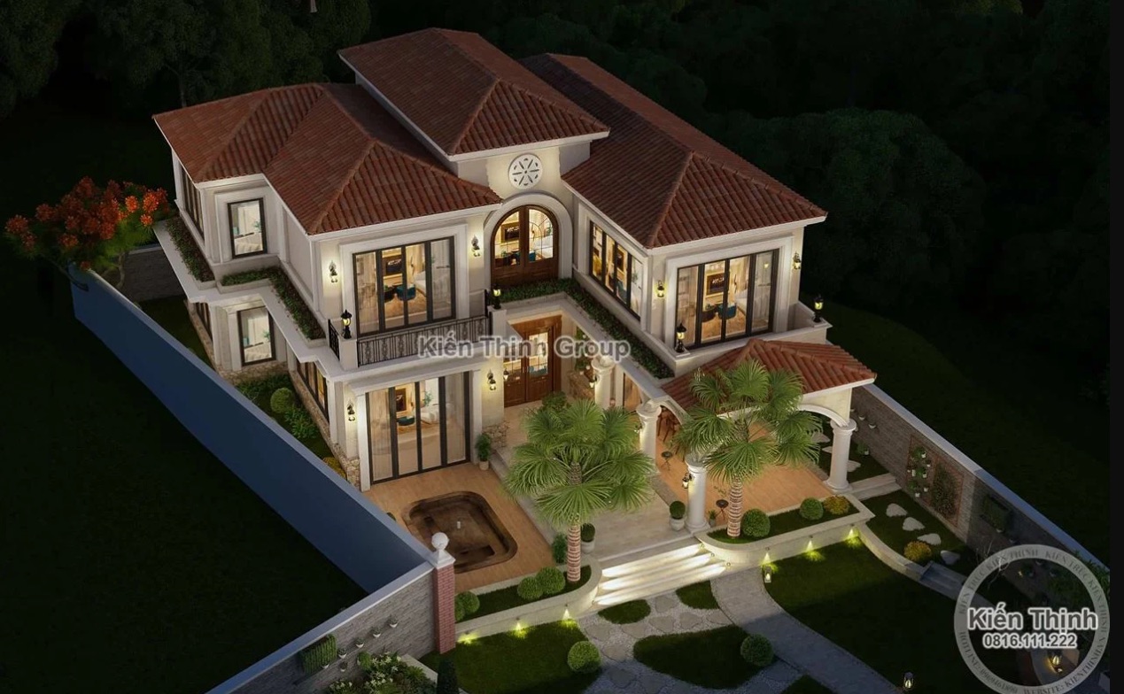 Biệt thự 2 tầng phong cách Địa Trung Hải nổi bật với hệ mái Thái nâu đỏ ấm cúng, tạo nên vẻ đẹp gần gũi, phóng khoáng đặc trưng
