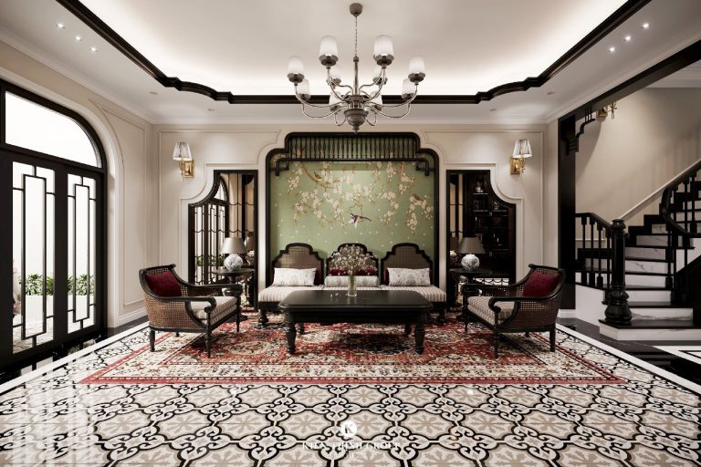 Thiết kế nội thất phòng khách liền bếp Indochine tại Lạng Sơn