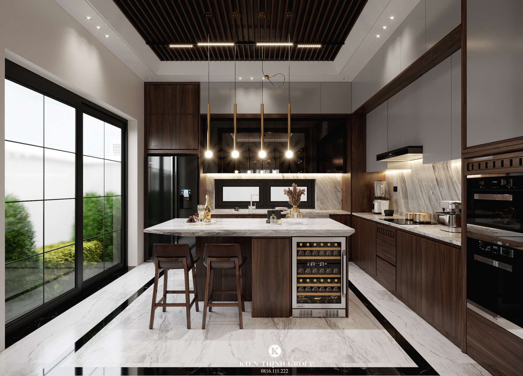 Phối cảnh 3D nội thất gỗ óc chó hiện đại phòng bếp