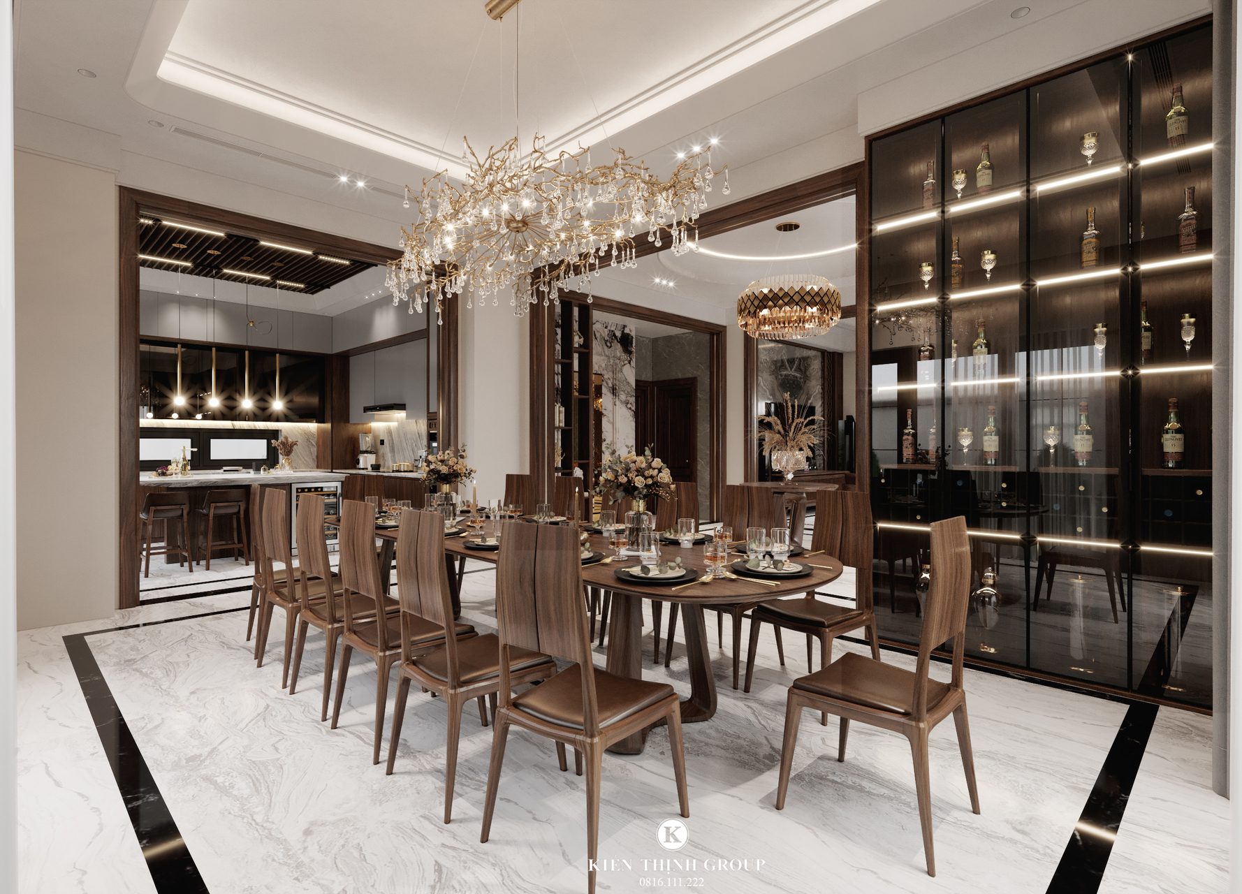 Phối cảnh 3D nội thất gỗ óc chó hiện đại phòng ăn