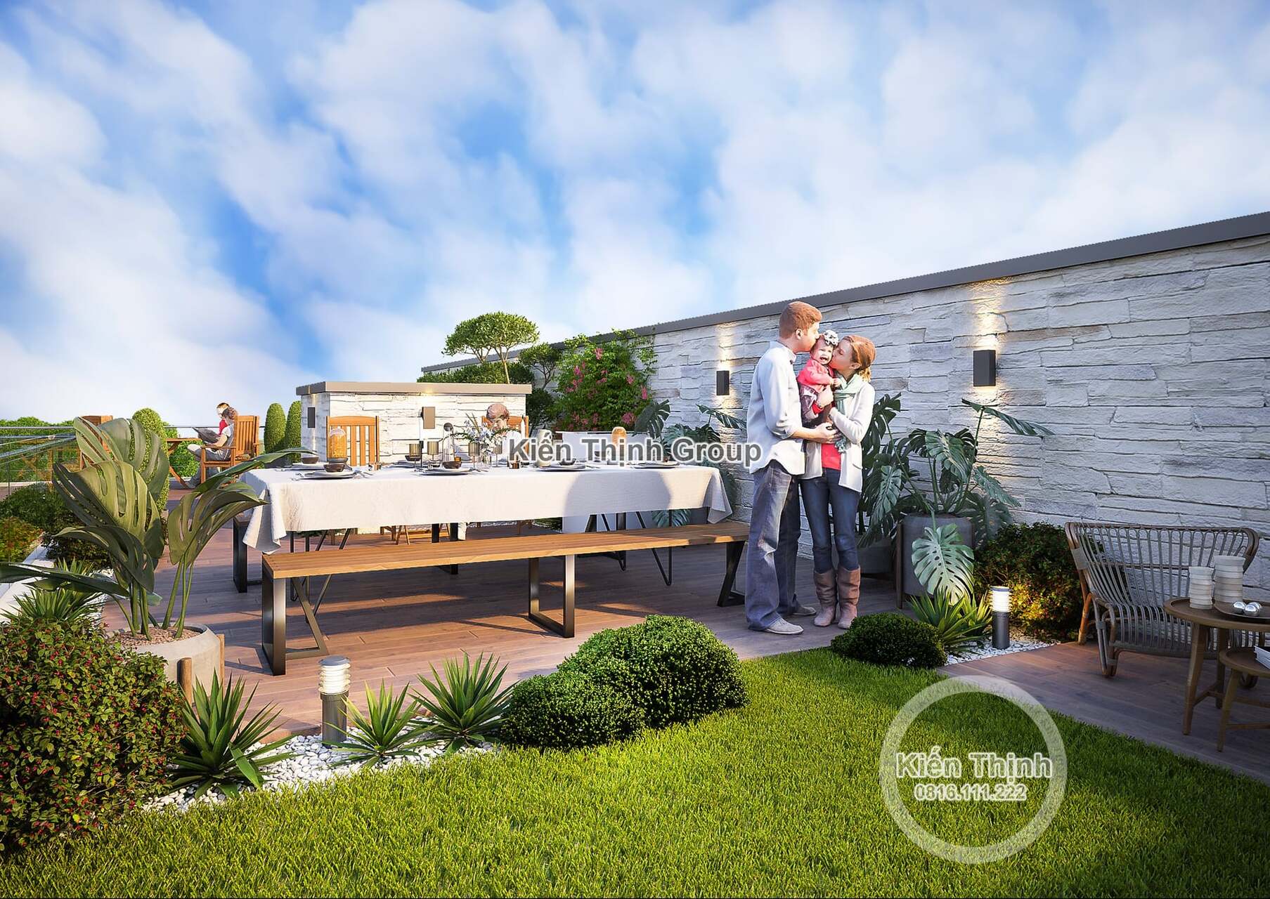 Không gian sân vườn và khu nướng BBQ trên tầng thượng