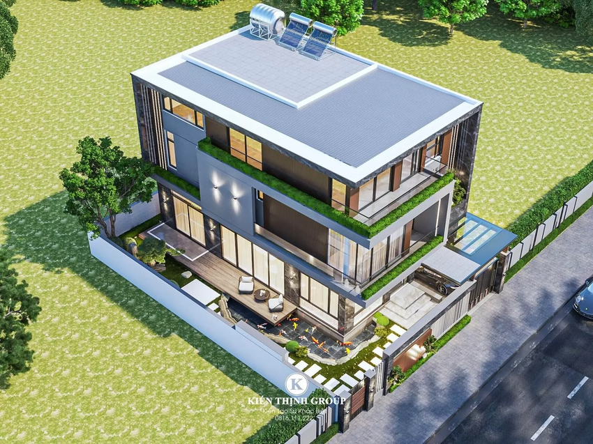 Không gian biệt thự có đầy đủ tiểu cảnh, hồ cá và nơi thưởng trà, giúp tạo không gian sống thoải mái nhất