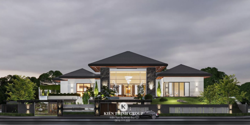 Hình ảnh mặt tiền của biệt thự dài hơn 30m với các mặt tường kính giúp phô bày vẻ đẹp của nội thất bên trong