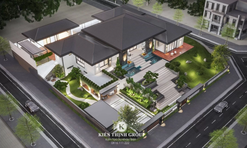 Phối cảnh 3D biệt thự nhìn từ trên cao vô cùng hoành tráng với đầy đủ chức năng